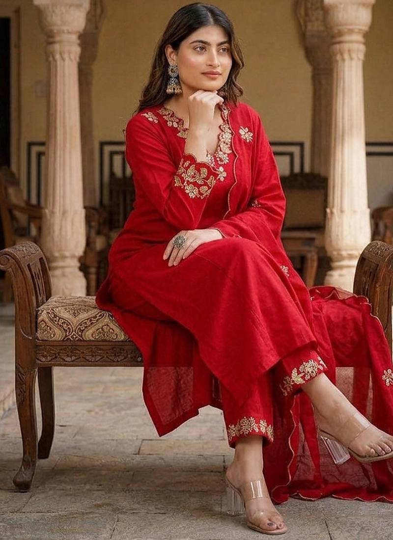 Designer red ethnic suit set with floral hand-embroidered borders  dupatta