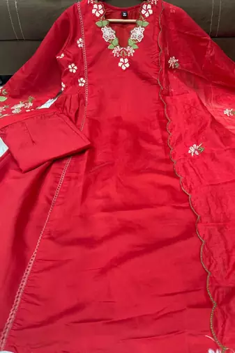 Designer red ethnic suit set with floral hand-embroidered borders dupatta
