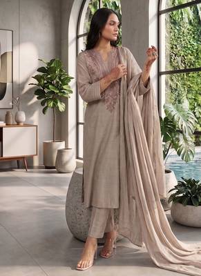 Trends grey embroidered kurta with pant and dupatta set 1