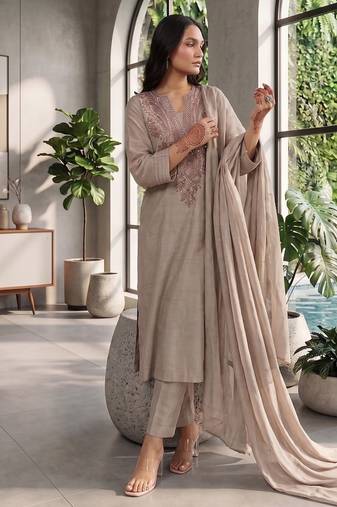 Trends grey embroidered kurta with pant and dupatta set