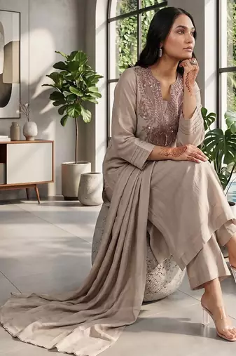 Trends grey embroidered kurta with pant and dupatta set