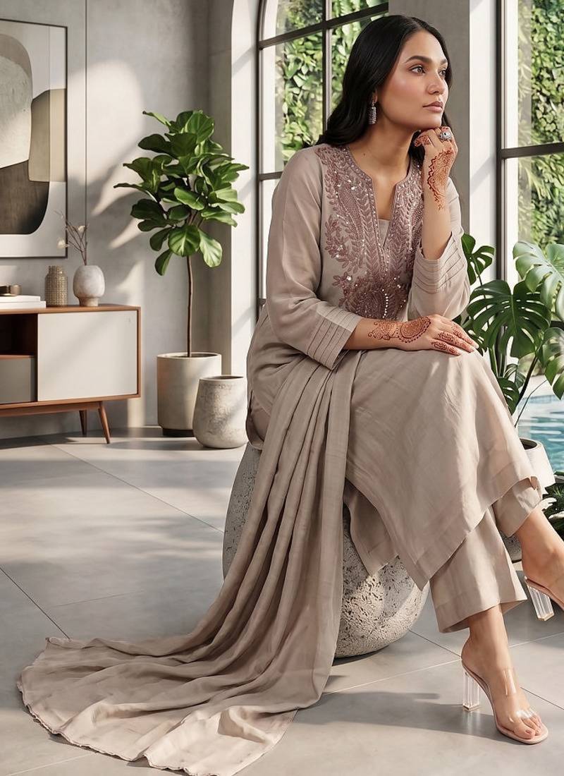 Trends grey embroidered kurta with pant and dupatta set