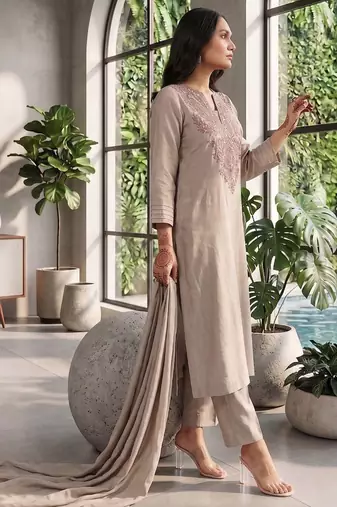 Trends grey embroidered kurta with pant and dupatta set