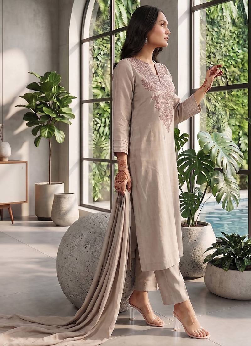 Trends grey embroidered kurta with pant and dupatta set