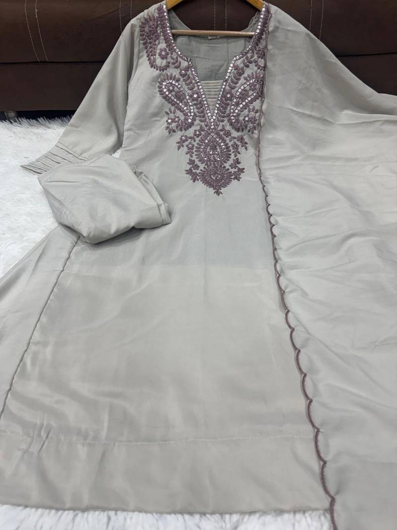 Trends grey embroidered kurta with pant and dupatta set