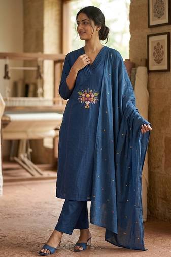Indigo blue straight kurta pant set with matching dupatta