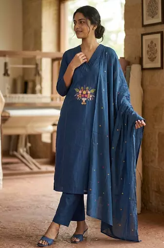 Indigo blue straight kurta pant set with matching dupatta