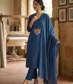 Indigo blue straight kurta pant set with matching dupatta