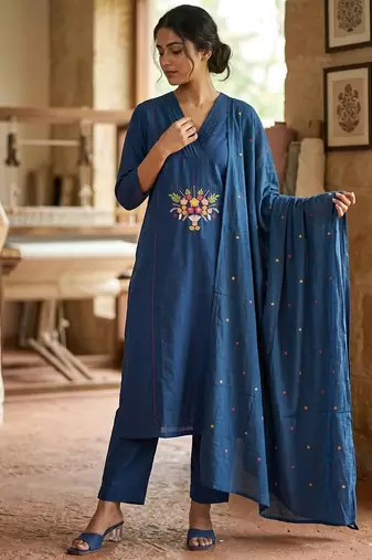 Indigo blue straight kurta pant set with matching dupatta
