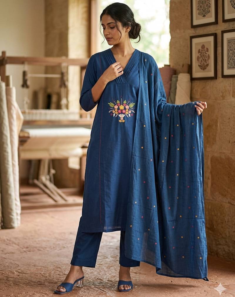 Indigo blue straight kurta pant set with matching dupatta
