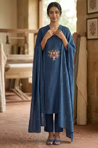 Indigo blue straight kurta pant set with matching dupatta