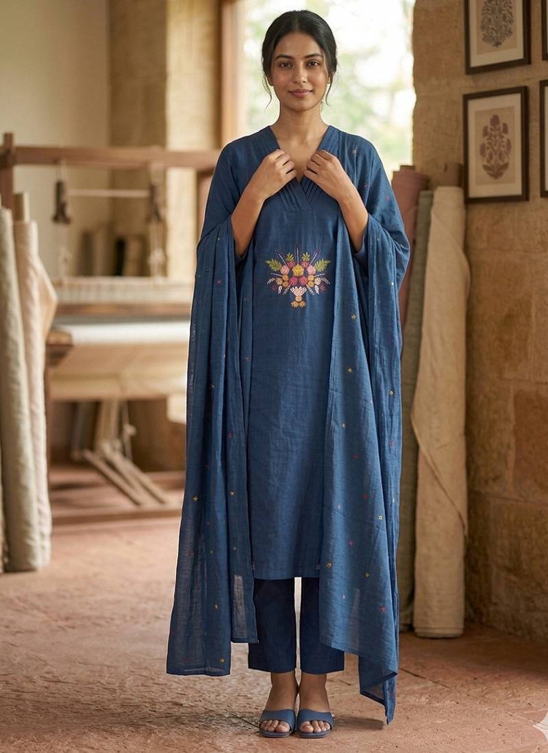 Indigo blue straight kurta pant set with matching dupatta