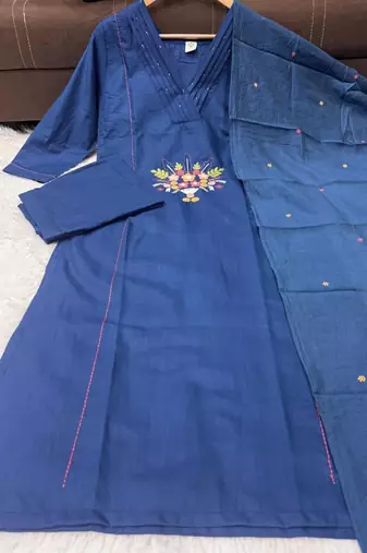 Indigo blue straight kurta pant set with matching dupatta