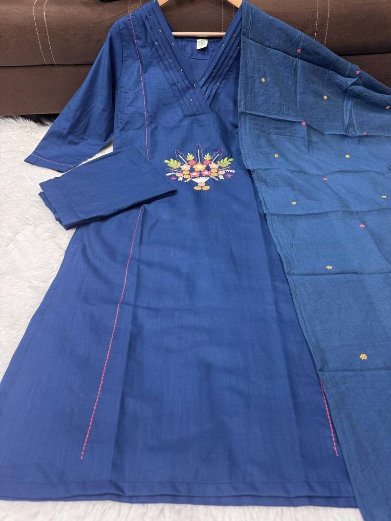 Indigo blue straight kurta pant set with matching dupatta