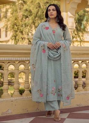  pastel grey-green embroidered straight suit set with dupatta for festivals weddings 1