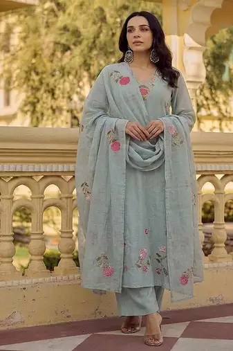 Elegant pastel grey-green embroidered straight suit set with dupatta for festivals  weddings