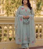 Elegant pastel grey-green embroidered straight suit set with dupatta for festivals  weddings