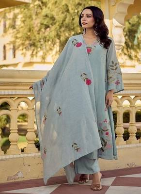  pastel grey-green embroidered straight suit set with dupatta for festivals weddings 2