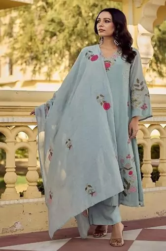 Elegant pastel grey-green embroidered straight suit set with dupatta for festivals weddings