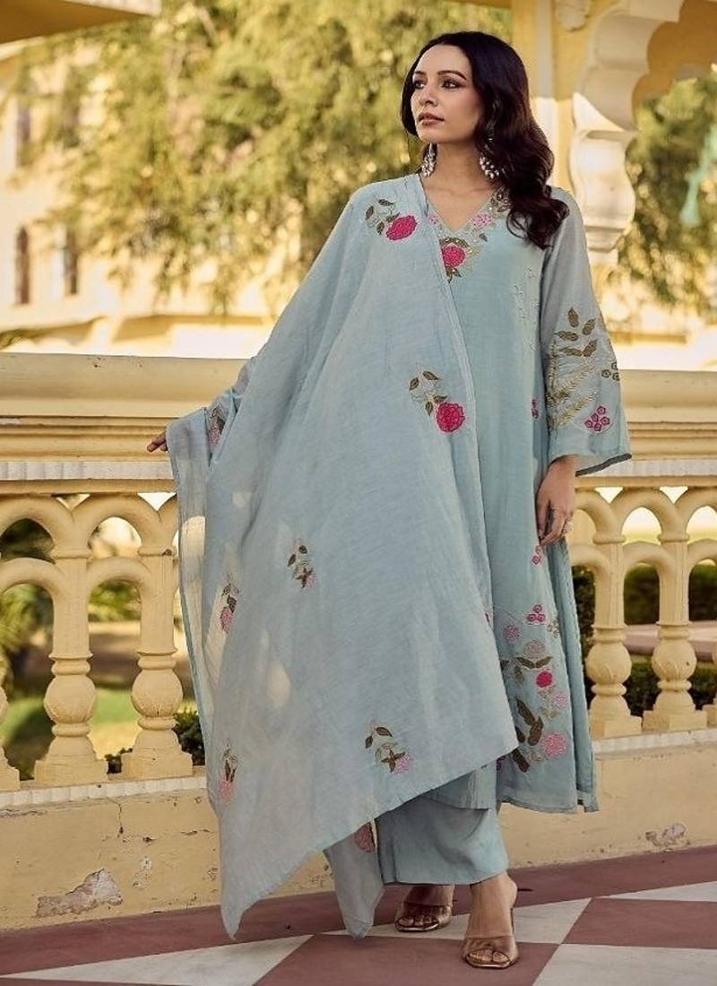 Elegant pastel grey-green embroidered straight suit set with dupatta for festivals  weddings