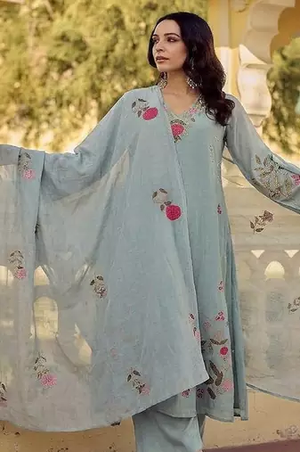 Elegant pastel grey-green embroidered straight suit set with dupatta for festivals weddings