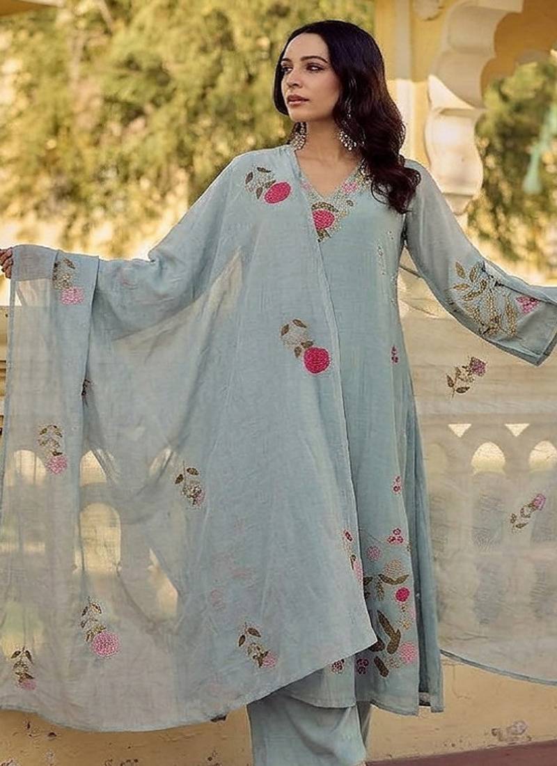 Elegant pastel grey-green embroidered straight suit set with dupatta for festivals  weddings