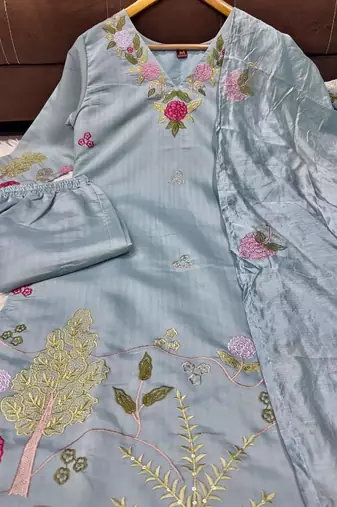 Elegant pastel grey-green embroidered straight suit set with dupatta for festivals weddings