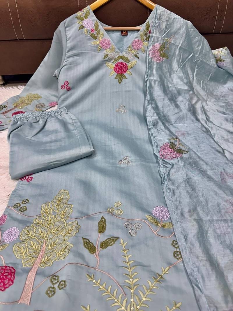 Elegant pastel grey-green embroidered straight suit set with dupatta for festivals  weddings