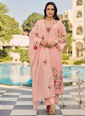  peach chanderi silk floral embroidered straight kurta pant set with dupatta for women 1