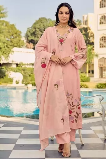 Premium peach chanderi silk floral embroidered straight kurta pant set with dupatta for women