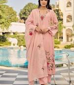 Premium peach chanderi silk floral embroidered straight kurta pant set with dupatta for women