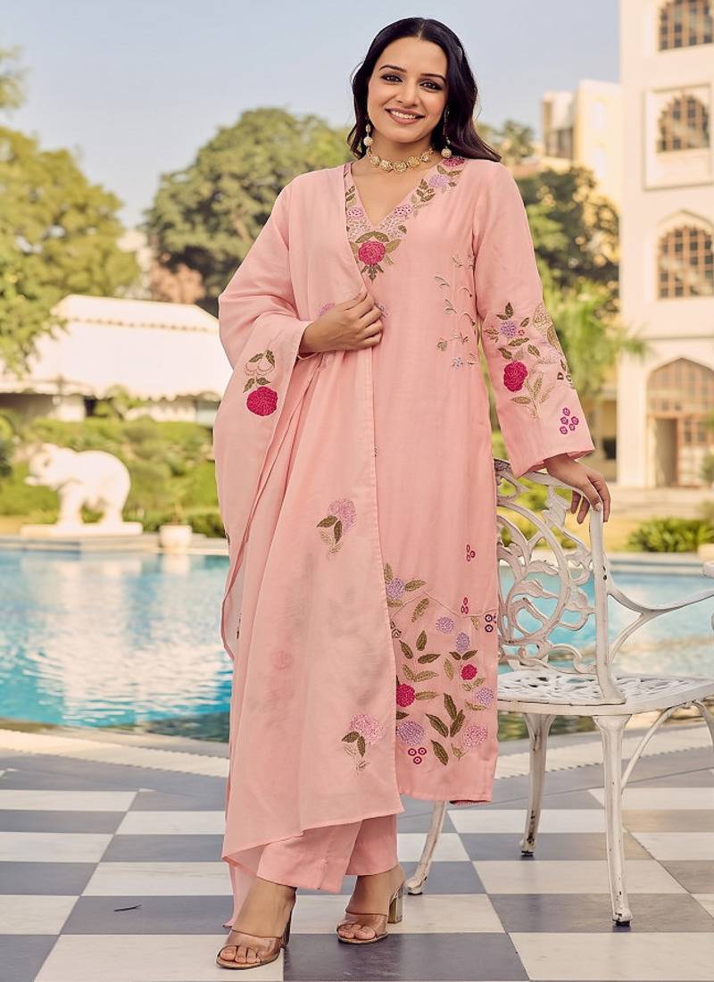 Premium peach chanderi silk floral embroidered straight kurta pant set with dupatta for women