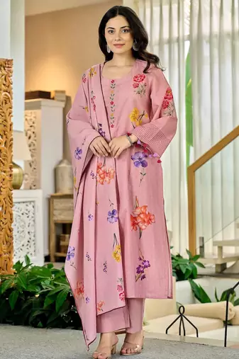 Women's Beautiful Printed Work Chanderi Fabric Straight Kurta Pant and Dupatta Set