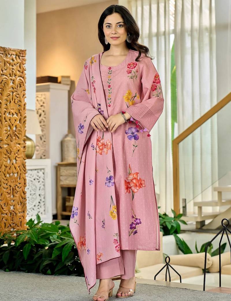 Women's Beautiful Printed Work Chanderi Fabric Straight Kurta Pant and Dupatta Set