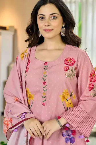 Women's Beautiful Printed Work Chanderi Fabric Straight Kurta Pant and Dupatta Set