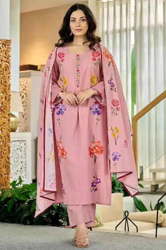 Women's Beautiful Printed Work Chanderi Fabric Straight Kurta Pant and Dupatta Set