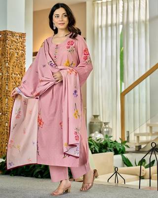 Women's Beautiful Printed Work Chanderi Fabric Straight Kurta Pant and Dupatta Set 5