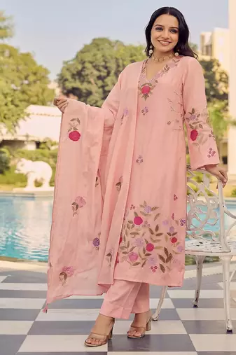 Premium peach chanderi silk floral embroidered straight kurta pant set with dupatta for women