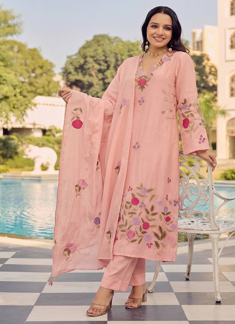 Premium peach chanderi silk floral embroidered straight kurta pant set with dupatta for women