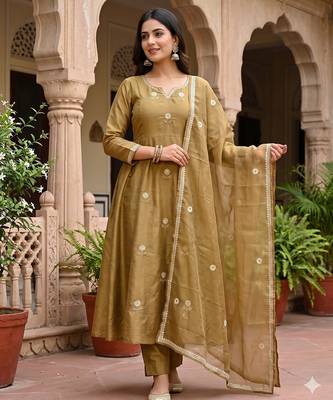 Festive gold-olive green anarkali kurta pant set for women 1