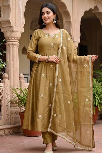 Festive gold-olive green anarkali kurta pant set for women