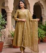 Festive gold-olive green anarkali kurta pant set for women