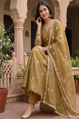 Festive gold-olive green anarkali kurta pant set for women
