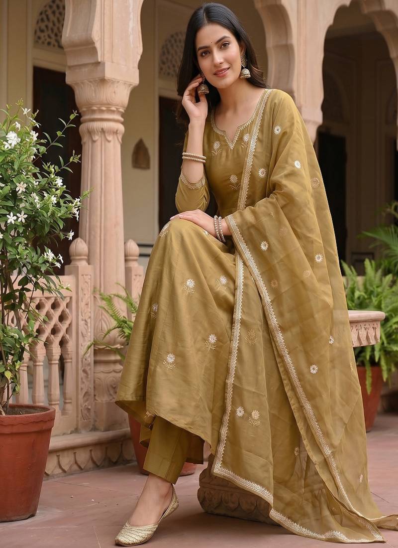 Festive gold-olive green anarkali kurta pant set for women