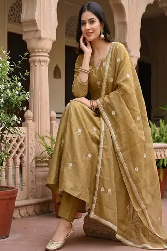 Festive gold-olive green anarkali kurta pant set for women