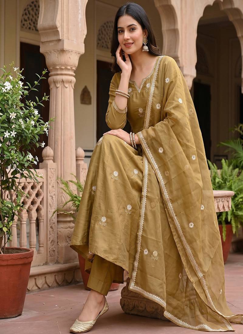 Festive gold-olive green anarkali kurta pant set for women