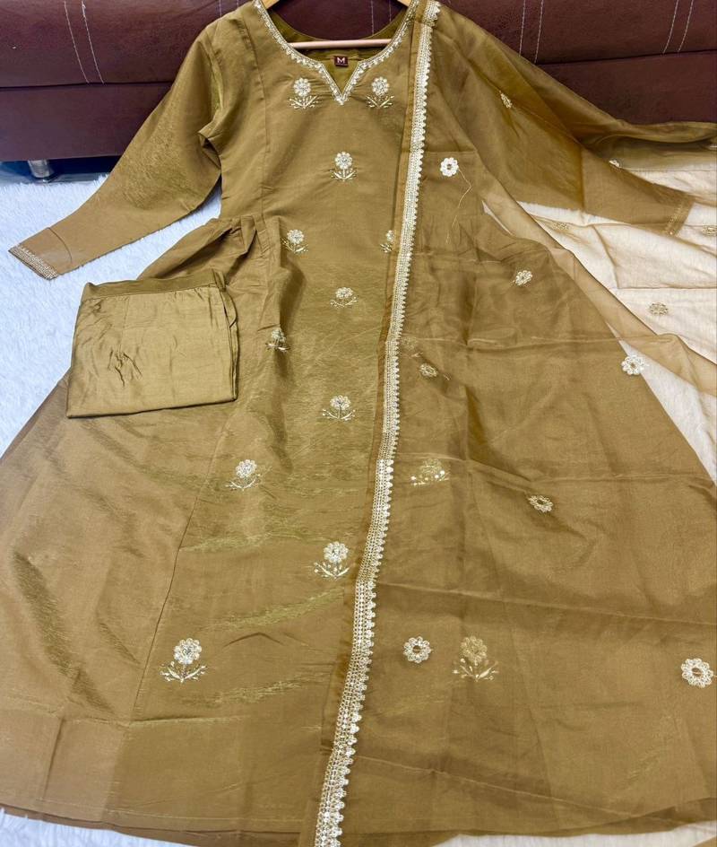 Festive gold-olive green anarkali kurta pant set for women