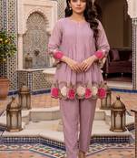 Women's peach embroidered kurti set