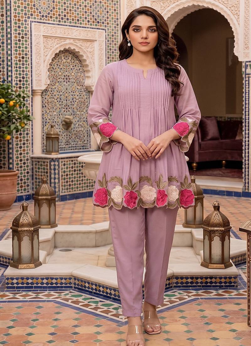 Women's peach embroidered kurti set