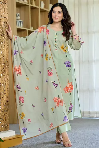 Women's Beautiful Printed Work Chanderi Fabric Straight Kurta Pant and Dupatta Set